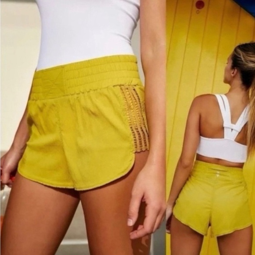 Free People Movement Chartreuse Running Shorts Lace Panel Lined Zip Pocket Size - Picture 5 of 5